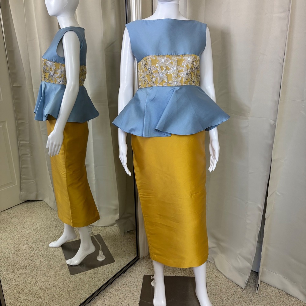 Destree Yellow Blue Peplum Maxi Dress Floral Jacquard 24R4DRE60 Size S NWT